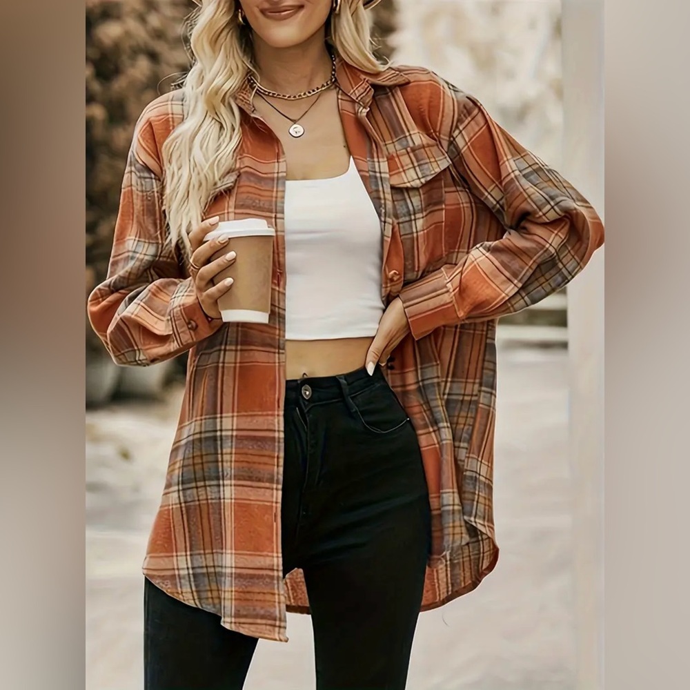 Orange Brown Plaid Button Down Flannel Shirt